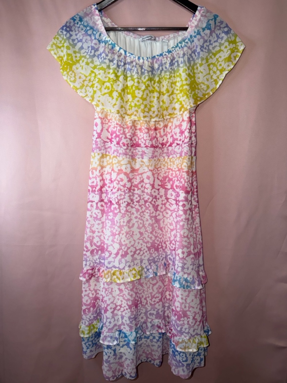 Isaac Mizrahi Pastel Pink Yellow Blue Ruffle Off-Shoulder Midi Dress